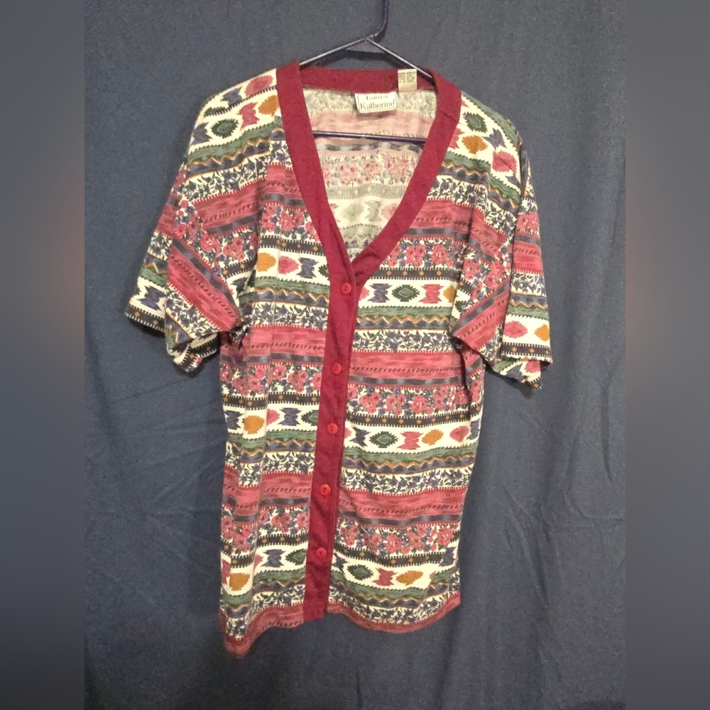 Laura Katherine Button Front Abstract Southwest Floral Blouse - Size 18W